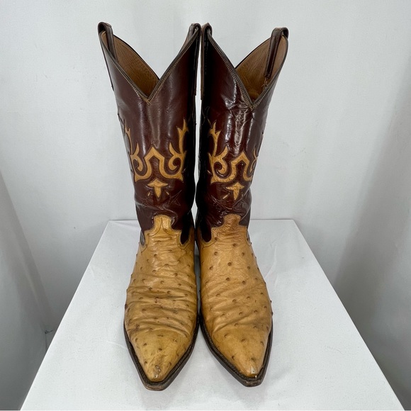 Sterling Brown and Tan Two-Tone Ostrich Leather Pointed Toe Cowboy Boots - Picture 3 of 11